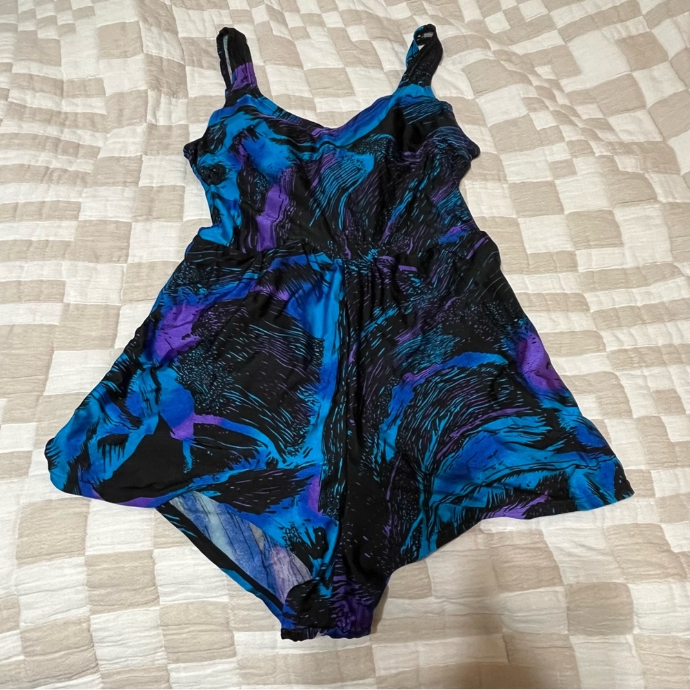 Vintage Blair Waist Tie Printed Swimsuit in Blue, Purple, & Black - Size 8